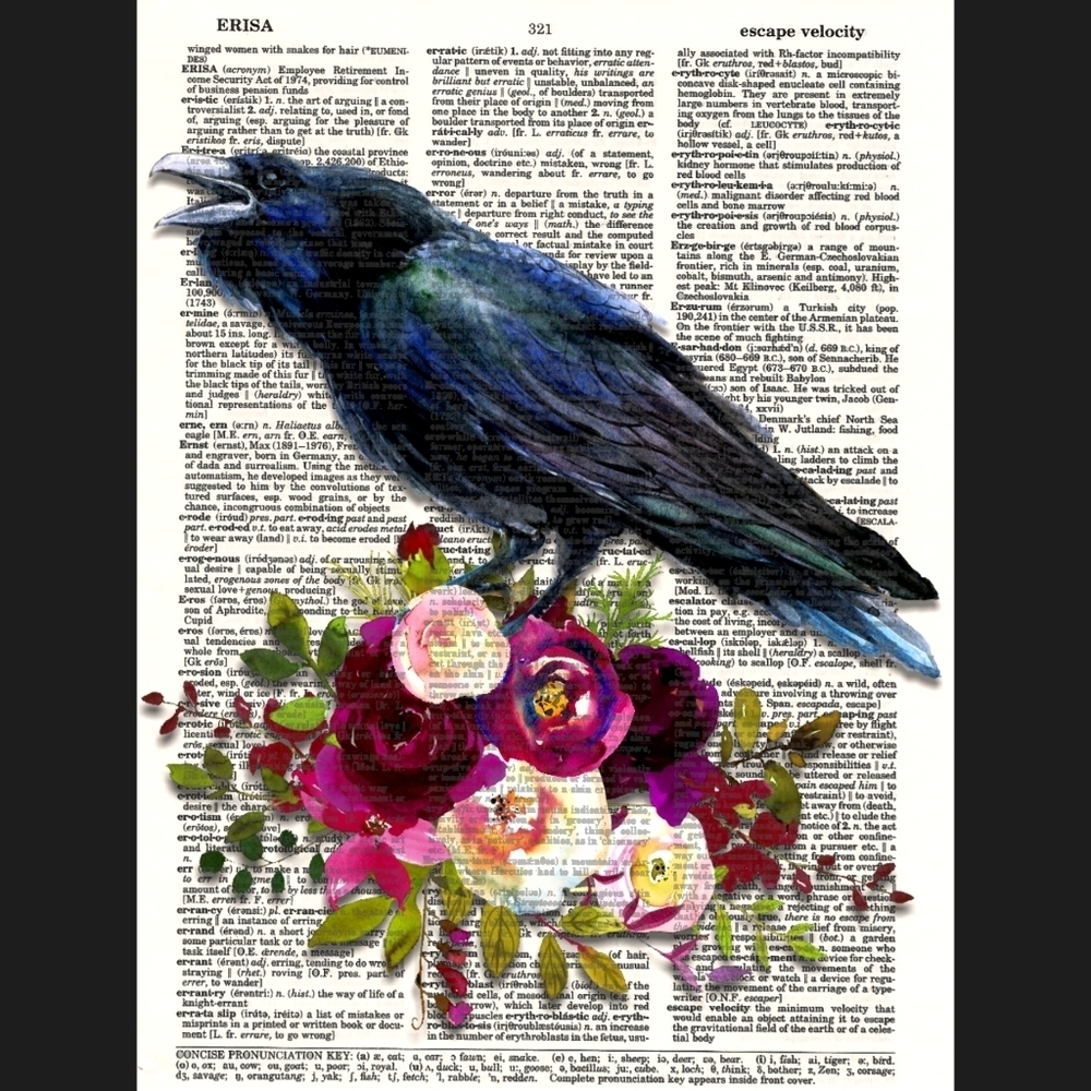 Gothic Raven Rose Vintage Dictionary Art Print